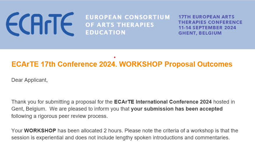 Akceptacja warsztatu Play Therapy podczas 17.Międzynarodowej Konferencji  ECArTE Art Therapies ECARTE w Belgii 11-14.09.2024
